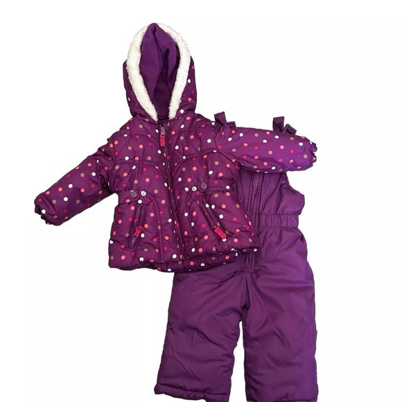 Baby Girl Oshkosh B’Gosh Purple Polka Dotted Puffer Jacket Snow Bib Size 12 M - Picture 1 of 8